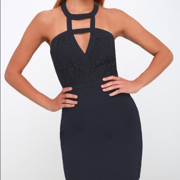 Lulus Floral Lace Halter Blue Bodycon Formal Dress - Picture 7 of 8